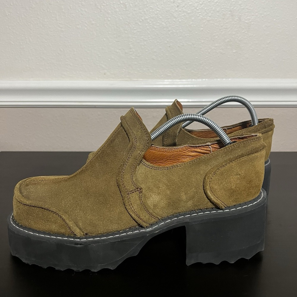 John Fluevog Men's‎ Brown Square Toe Platform Chunky Heel Shoes Size 10 Suede - Picture 3 of 15